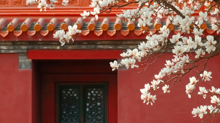 Obraz premium Red wall of ancient Chinese building and blooming white magnolia
