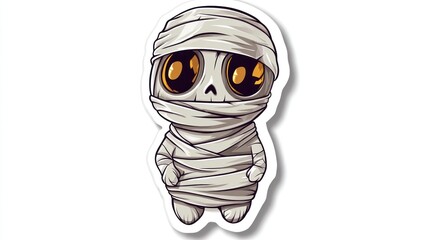 Sticker design of a cute halloween Mummy, on a white background, in a vector illustration style, using simple shapes, in the cute style, featuring a cute character.