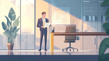 A businessman reading a document in a modern office with large windows and a potted plant.