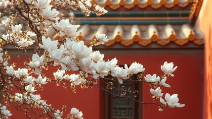 Red wall of ancient Chinese building and blooming white magnolia