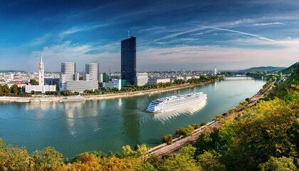 Obraz premium cruise ship on danube river vienna wien city panorama