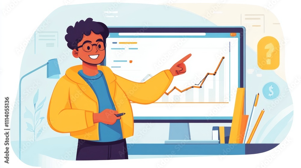 Poster a person analyzing data on a computer screen with a positive trend graph.
