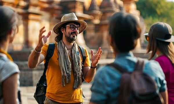 A smiling tour guide engages with travelers in an ancient site.