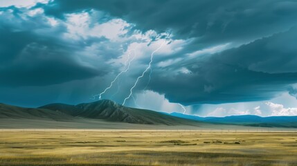 Obraz premium Lightning Strike Over Mountainous Landscape