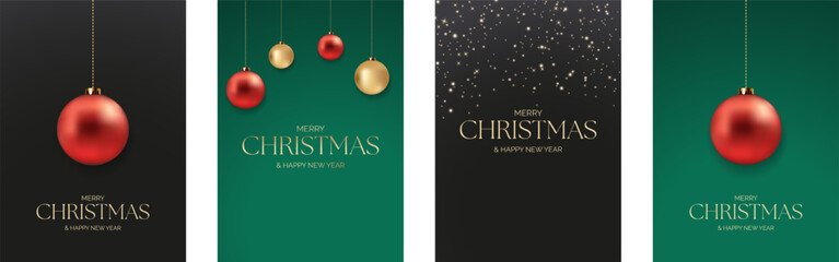 Festive Christmas greeting card collection showcasing vibrant red and gold baubles on rich green and black backgrounds. Ideal for holiday invitations, seasonal greetings, and celebratory decor.