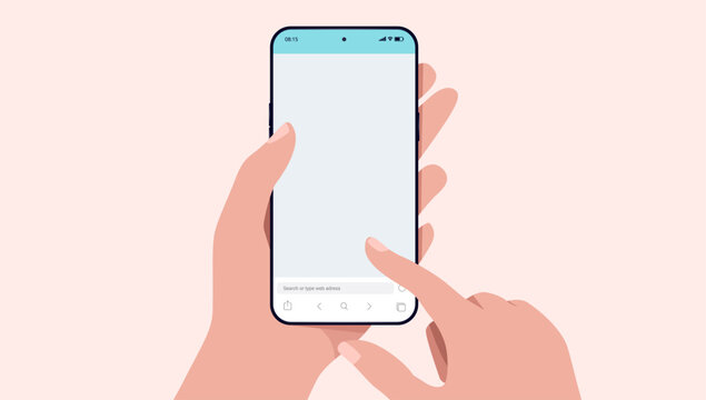 Vector phone mockup - Illustration of mobile smartphone with blank empty screen and hands using touchscreen. Flat design front view on beige background