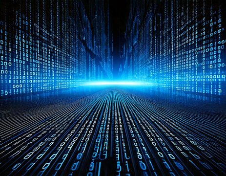 High-tech blue and black binary code backdrop, featuring glowing digits and abstract data design