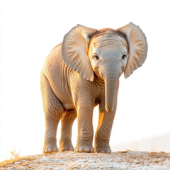 gentle baby elephant standing on hill under bright sunlight
