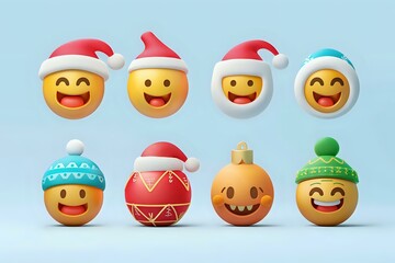 Naklejka premium Joyful Emojis Celebrate Winter Holidays: Festive 3D Emoticons Wearing Santa Hats, Winter Caps, and Ornaments, Displaying Cheerful Expressions and Spreading Holiday Spirit.