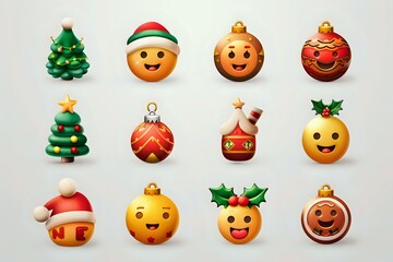 Delightful 3D Christmas Ornaments: Festive Emojis and Cheerful Trees Decorate the Holiday Season with Joyful Expressions and Sparkling Lights, Creating a Magical Winter Wonderland.