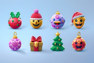 Delightful 3D Emoji Christmas Ornaments: Festive Holiday Decorations with Smiling Faces, Santa Hats, and Gifts, Perfect for Winter Celebrations and Digital Holiday Cheer.  Create Joyful Holiday Scenes