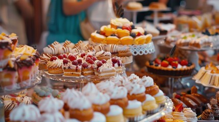 Fototapeta premium Delightful celebration of International Dessert Day with an array of colorful pastries and sweets on display