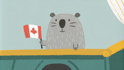 Naklejka premium A cute beaver stands proudly with a Canadian flag, symbolizing Canadian identity and national pride.Patriotic background in honor of a National Day holiday