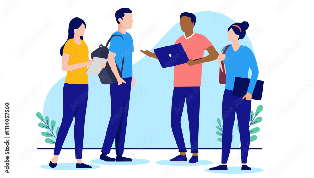 Poster casual team of office business people colleagues standing talking and working together while having 