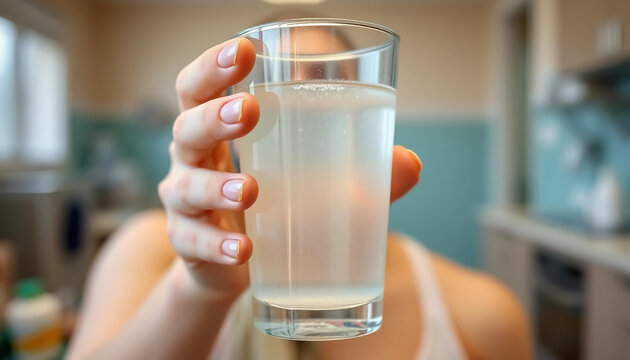 A close-up of a person holding a glass of oral rehydration solution (ORS), with a soft background of a clean, well-lit kitchen or hospital room.