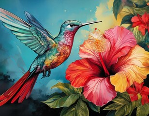 hummingbird and hibiscus a vibrant botanical painting ai generated