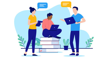 People doing research - Team of three casual businesspeople working together looking for information and discussing together with speech bubbles. Flat design vector illustration on white background