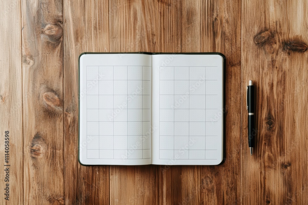Poster Open notebook with squared pages and pen on wooden table for planning and brainstorming