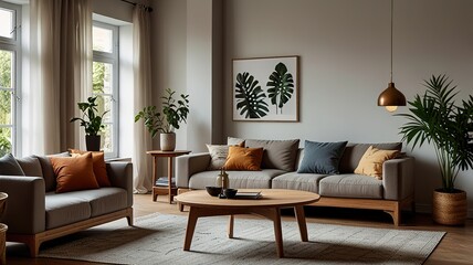 Wooden table in front of couch in spacious living room interior with plants and lamps. Real photo