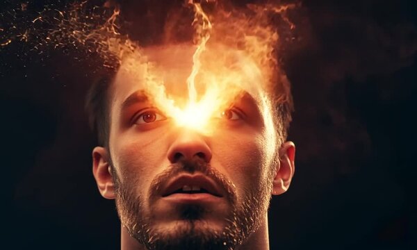 A surreal depiction of a man's head exploding with fiery energy, symbolizing intense thoughts.