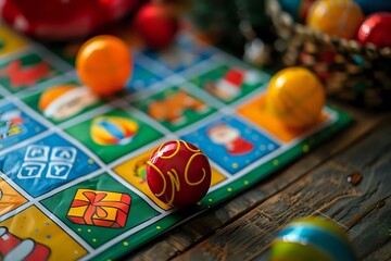 Colorful Holiday Game Board with Festive Ornaments: A Close-Up View of Joyful Decorations and a Fun Game, Perfect for Family Gatherings and Festive Celebrations.