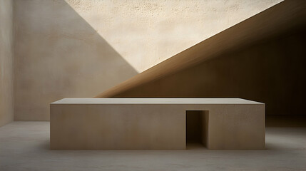 Minimalist architectural interior design featuring a beige concrete structure with a cut-out doorway, bathed in natural sunlight.