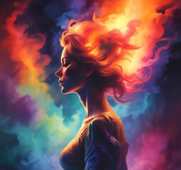 Illustration of woman silhouette with dramatic multicolor smoke background.