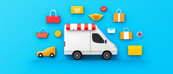 Food delivery service van displaying shopping icons urban setting digital illustration vibrant background creative concept for marketing