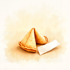 Fortune cookie with message slip, soft watercolor illustration
