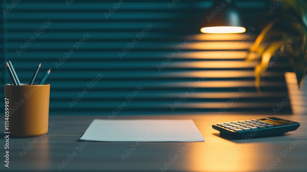 Poster Desk setup for calculating monthly budget under warm lamp light