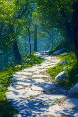 Fototapeta premium A winding white stone path, surrounded by green grass and tall trees, leads to the serene forest.