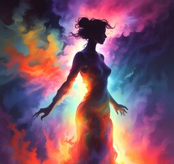 Illustration of woman silhouette with dramatic multicolor smoke background.