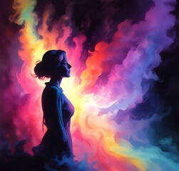 Illustration of woman silhouette with dramatic multicolor smoke background.