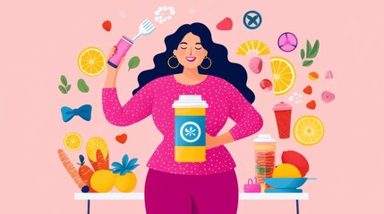 Obraz premium Healthy eating celebration vibrant food and drink display cheerful kitchen digital illustration whimsical style