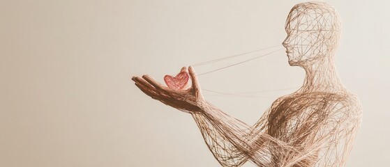 Tangled emotions Concept. An artistic representation of a human figure holding a heart, symbolizing love, compassion, and the connection between body and emotions.