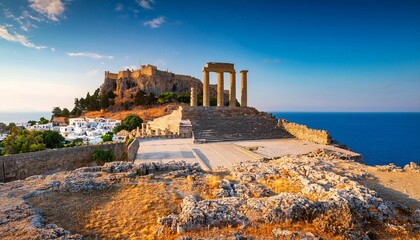 view of the acropolis of lindos rhodes greece
