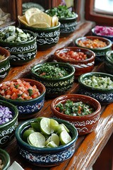 Colorful assortment of Mexican salsas and toppings in rustic bowls on wooden table.