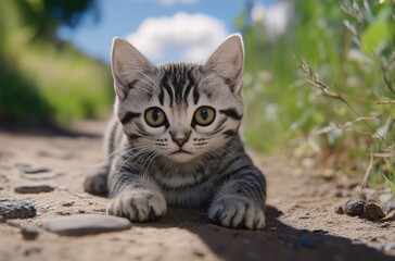 草原の小道で遊ぶ子猫の楽しそうな姿