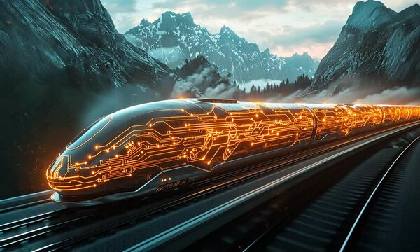 A futuristic train with glowing circuitry travels through a mountainous landscape.
