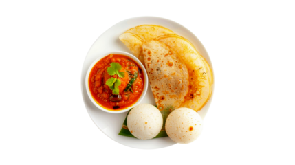 Ghee roast Dosa and Idlii with Chutney, south indian main breakfast isolated on transparent background