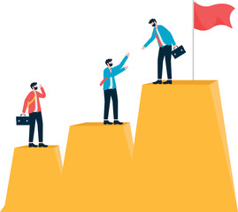 Teamwork, support and collaboration to achieve goals. climbs to the top of the mountain to success.
