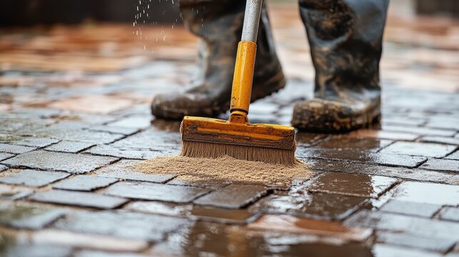 Worker spreading sand on wet paving stones using a brush. This image depicts the final stages of paving stone installation.