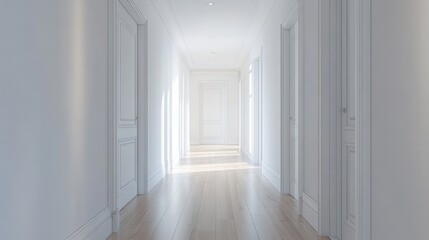 Fototapeta premium Bright hallway with white doors and walls. Ideal for interior design, home staging, or real estate listings.