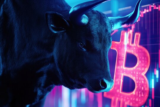 Bull market representation with a powerful bull in front of digital Bitcoin graphics. Symbolizing investment opportunities in cryptocurrency and stock markets.