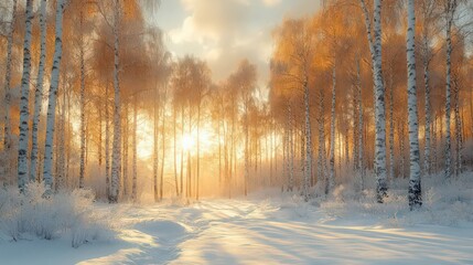 Winter birch grove. Snow is falling in the forest. Snow covered trees. Frosty, cold weather.