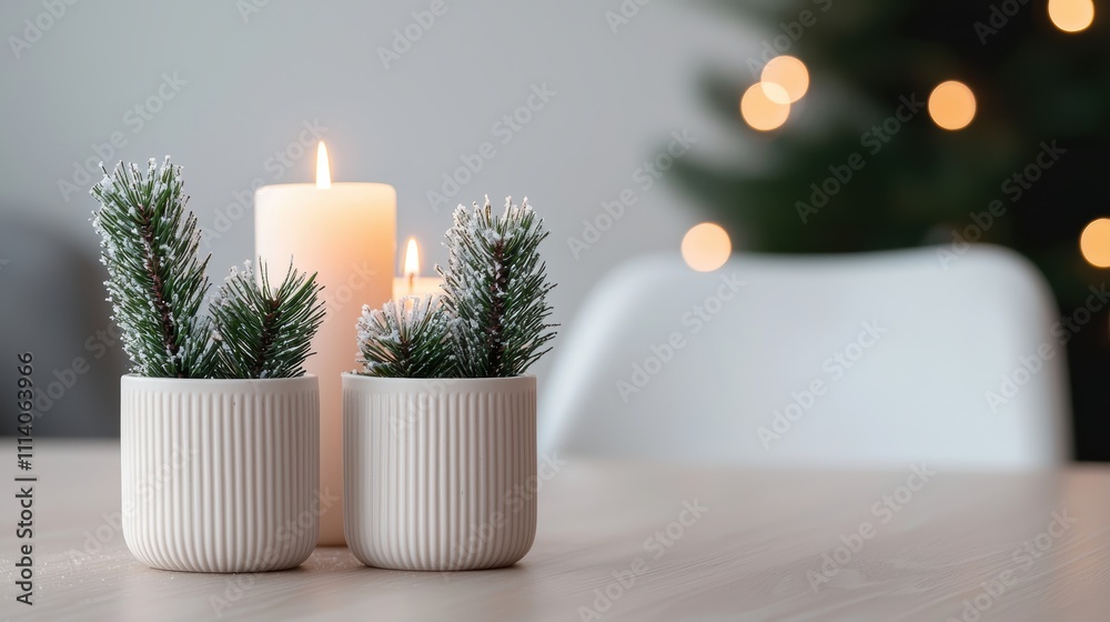 Aufkleber christmas table setting with burning candles and pine branches creating cozy ambiance