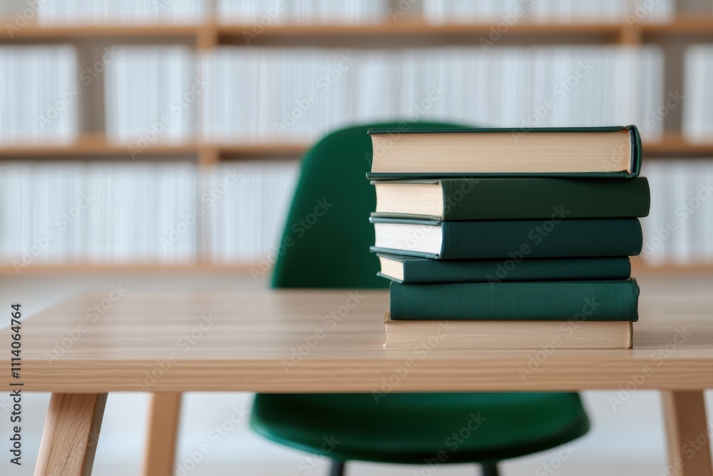 Poster Stack of books on desk in modern study area symbolizing productivity