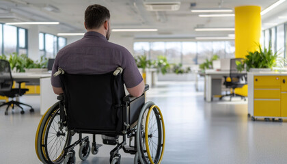 Obraz premium Disability wheelchair workplace diverse team concept. A man in a wheelchair sits in a modern office space