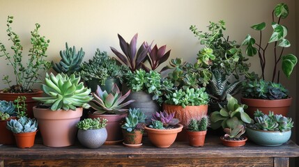 A variety of succulents and indoor plants arranged on a wooden table, representing the nurturing essence of home gardening. Space available for additional items.