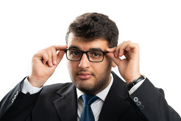 Close-up of entrepreneur arranging glasses or spectacles